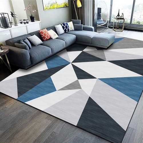 Poisrien Teppich Wohnzimmer Waschbar 100 x 160 cm, Maschinenwaschbar und rutschfest, für Schlafzimmer, Bad, Büro und Küche Moderne Geometrische Raute Blau Grau von Poisrien