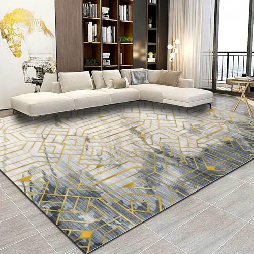 Poisrien Teppich Wohnzimmer Waschbar 110 x 190 cm, Schlafzimmer Teppich Kurzflor rutschfest, perfekt für Büro, Küche, Esszimmer Geometrische Goldene Linien Grau von Poisrien