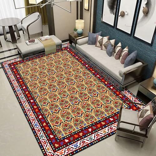 Poisrien Teppich Wohnzimmer Waschbar 110 x 190 cm, Schlafzimmer Teppich Kurzflor rutschfest, perfekt für Büro, Küche, Esszimmer Retro Ethnischen Blumen Rot von Poisrien