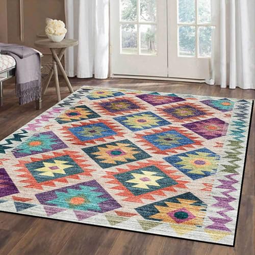 Poisrien Teppich Wohnzimmer Waschbar 120 x 160 cm, Kurzflor Anti Rutsch Weich, für Schlafzimmer, Küche, Esszimmer und Büro geeignet Ethnischer Stil mit Geometrischen Farben von Poisrien