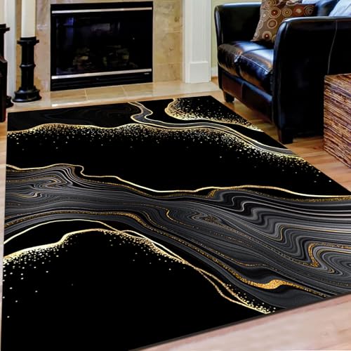 Poisrien Teppich Wohnzimmer Waschbar 120 x 180 cm, Anti Rutsch und Waschbar, für Badezimmer, Küche, Büro und schmalen Flur Moderne Abstrakte Tinte Stil Schwarz von Poisrien
