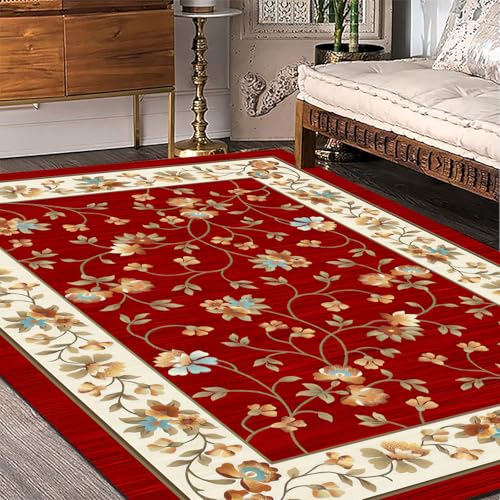 Poisrien Teppich Wohnzimmer Waschbar 140 x 200 cm, Kurzflor Teppich Schlafzimmer, für Küche, Jugendzimmer und Esszimmer Retro Rote Blumen Poisrien Teppich Wohnzimmer Waschbar 140 x 200 cm, Kurzflor Teppich Schlafzimmer, für Küche, Jugendzimmer und Esszimmer Retro Rote Blumen von Poisrien