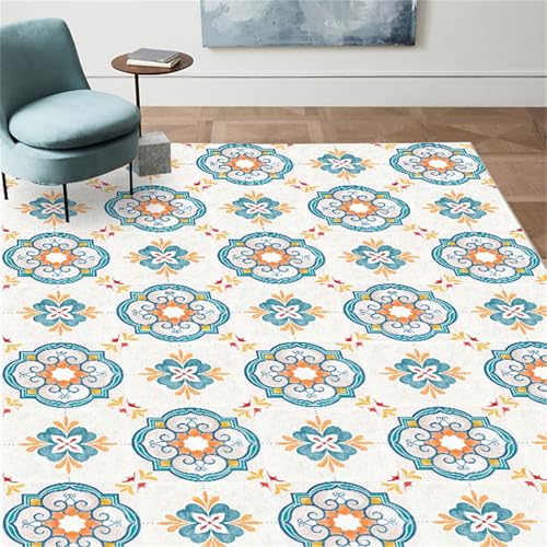 Poisrien Teppich Wohnzimmer Waschbar 80 x 160 cm, Anti-Rutsch und Weich, Schlafzimmer Bettvorleger für Küche, Esszimmer, Arbeitszimmer Moderne Geometrische Blaue Blumen von Poisrien