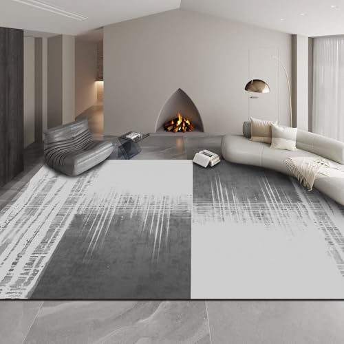 Teppich Wohnzimmer Waschbar 110 x 150 cm, rutschfest und Waschbar, geeignet für Schlafzimmer, Bad, Küche, Flur, Esszimmer Modernes Abstraktes Tintenstilgrau von Poisrien