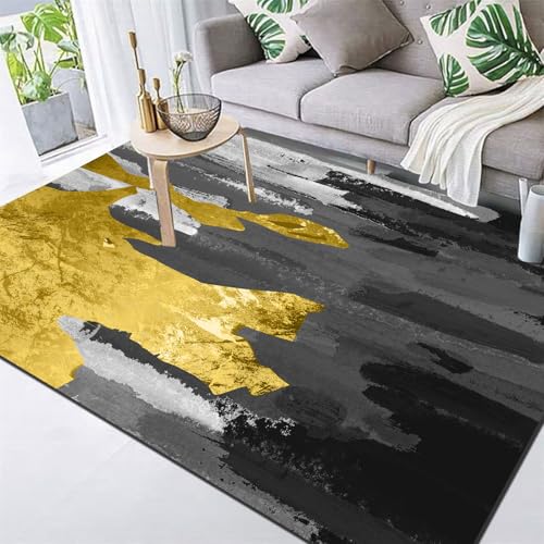 Teppich Wohnzimmer Waschbar 150 x 200 cm, Kurzflor Teppich Schlafzimmer, waschbar für Küche, Bad und Esszimmer Moderner Aquarellstil In Grau Und Gelb von Poisrien