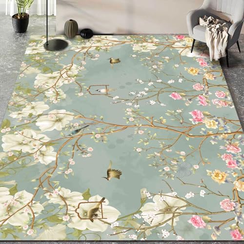 Teppich Wohnzimmer Waschbar 80 x 120 cm, rutschfest und Weich, ideal für Schlafzimmer, Küche, Bad, Büro, Flur, Esszimmer Retro Pastoralen Stil Kleine Blumen Grün von Poisrien
