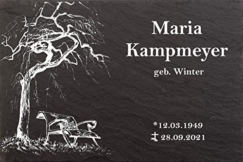 Pokal Center Westerheider Grabstein, Urnengrabstein Baum mit Bank, Naturschieferstein, 30x20cm, 100% witterungsbeständig von Pokal Center Westerheider