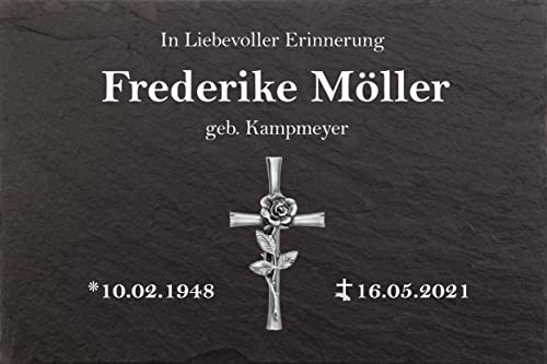 Grabsteine, Urnengrabsteine Fotokreuz mit Rose, Urnengrabstein mit personalisierter Gravur, Naturschieferstein, 30x20cm 100% witterungsbeständig von Pokal Center Westerheider