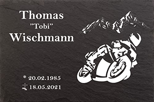Pokal Center Westerheider Grabstein Biker, Urnengrabstein Motorrad, Gedenktafel mit personalisierter Gravur, Naturschieferstein, 30x20cm 100% witterungsbeständig von Pokal Center Westerheider