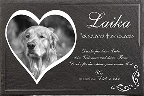 Tiergrabstein Hunde mit eigenem Bild in Herzform und Text, Grabsteine für Hunde mit personalisierter Gravur Hunde, Katzen, Kaninchen, Haustiere Gedenksteine aus Naturschiefer 30x20 cm von Viconor