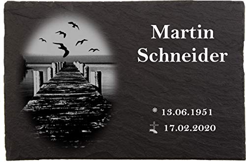 Urnengrabstein Steg mit Vögeln, Grabstein, Grabplatten mit personalisierter Lasergravur, 30cm x 20cm 100% witterungsbeständig, Naturschieferstein von Pokal Center Westerheider