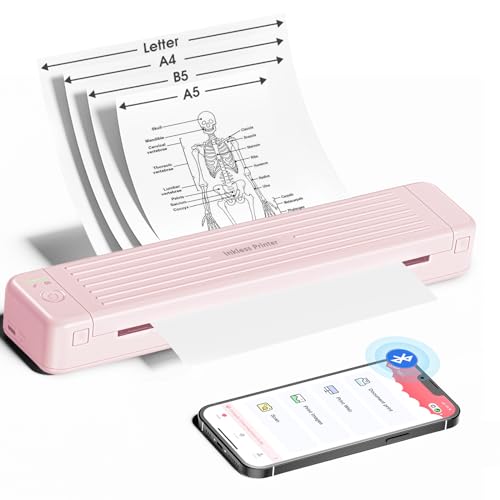 PokeLabel Rosa Mobiler Drucker Wireless für Reisen, 300dpi Bluetooth Thermotransfer Farbbanddrucker für US Letter/A4/A5/B5 Normales Papier, Tintenloser Printer für Mobiltelefon Laptop von PokeLabel