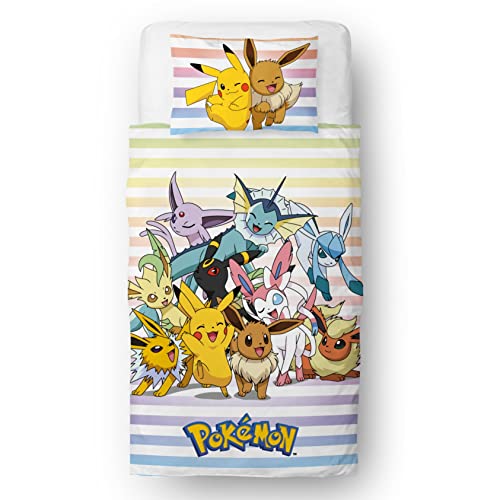 Pokemon Offiziell lizenziertes Einzelbett-Bettbezug-Set für Kinder, Pikachu-Gruppen-Design, wendbar, zweiseitig, Bettwäsche mit passendem Kissenbezug, Character World Brands,Polycotton von Pokémon