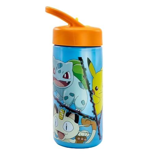 Pokemon Flasche Wiederverwendbare, Widerstandsfähiges Design, Wasserflasche mit Strohhalm, BPA-Frei Flasche, Reiseflasche mit Griff, Fassungsvermögen 410 ml - Orange von Pokémon