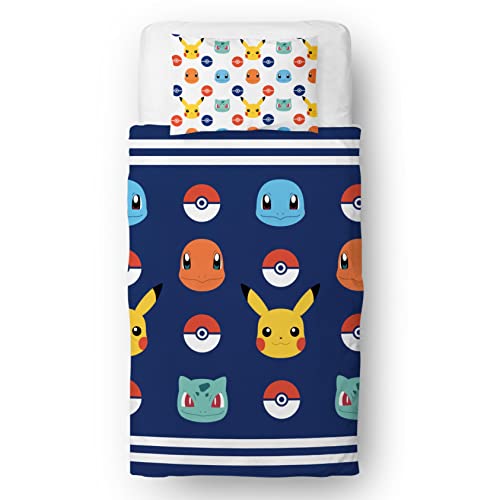 Pokemon Offiziell Lizenziertes Einzelbett-Bettbezug-Set für Kinder, Pikachu-Abzeichen-Design, wendbar, zweiseitig, Bettwäsche mit passendem Kissenbezug, Character World Brands Einzelbett-Set von Pokémon