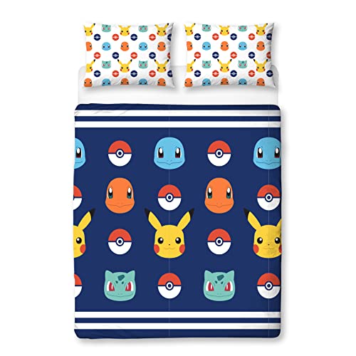Pokemon Offiziell Lizenziertes Bettbezug-Set für Doppelbetten | Pikachu-Abzeichen-Design, wendbare 2-seitige Bettwäsche mit passenden Kissenbezügen | Character World Brands Doppelbett-Set von Pokémon