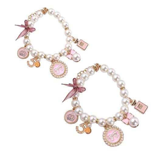 Pokinge 2 x Haustier-Perlenhalsband, Schleife, Katzenschmuck, niedliches Halsband, Welpenzubehör, ausgefallene Katze, Hochzeitshalsband, Schmuck für Katzen, Welpen, Hunde von Pokinge