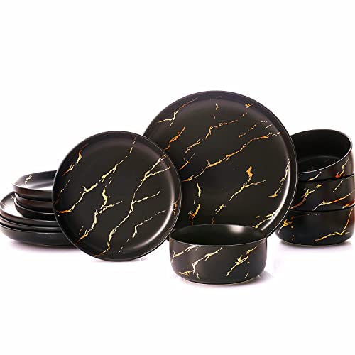 Pokini Gold Splash Geschirr-Sets, 12-teilige Teller und Schüssel-Sets, Modernes Marmor-Porzellan, Geschirr-Set für 4, Schwarz von Pokini