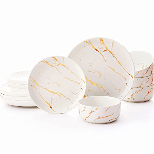 Pokini White Gold Splash Geschirr-Set, 12-teilig, Teller und Schüsseln, feines Porzellan, modernes Porzellan-Geschirr-Set für 4 Personen, luxuriöses Tafelservice für formelle Abendessen und Hochzeiten von Pokini
