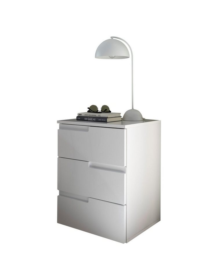 Pol-Power Nachtkommode in Weiß / Weiß Hochglanz mit 3 Schubladen (BxHxT: 46x59x40 cm) von Pol-Power
