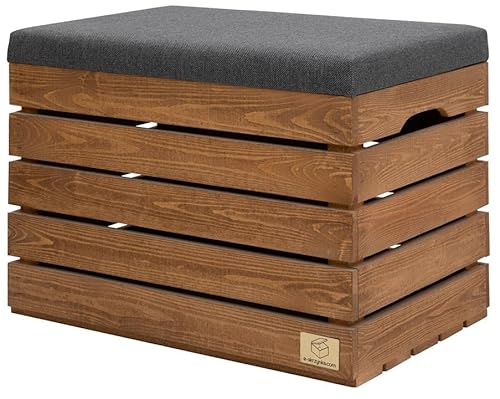 Pol drew POLWOOD 2in1 Sitzbank & Aufbewahrungstruhe gepolstert - Polsterhocker Sitztruhe aus Holz, Sitzhocker Sitzbank mit Stauraum (60 x 40 x 44cm), Nuss von Pol drew