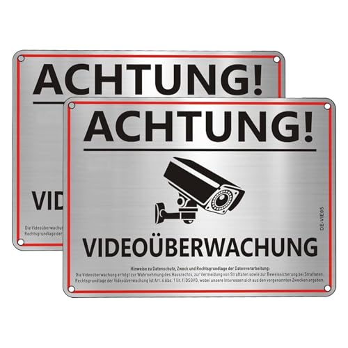 Achtung Videoüberwachung Schild, Privatgrundstück Selbstklebend Schild 20x15cm, 2 Stück Videoüberwachung Aluminium mit Selbstklebend und 4 Bohrlöcher für Kamera Attrappe(SIZE:5.91 * 7.81zoll) von Polartreehome