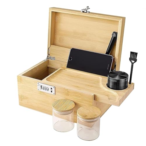 Kikcrrou Bambusbox mit Zahlenschloss, Dekorative Aufbewahrungsbox aus Holz mit Rolltablett und Sämtlichem Zubehör, perfekte Wahl als Geschenk (25.5x17.5x13cm) von Polegas
