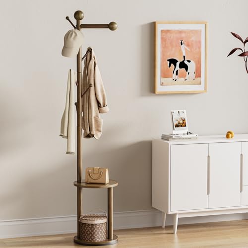 Polegas Garderobenstände Massivholz,360°drehbarer Kleiderständer, 8 Haken und 2 Ablageflächen, für den Eingangsbereich, das Schlafzimmer oder das Büro, zum Aufhängen von Mänteln, Hüten und Taschen von Polegas
