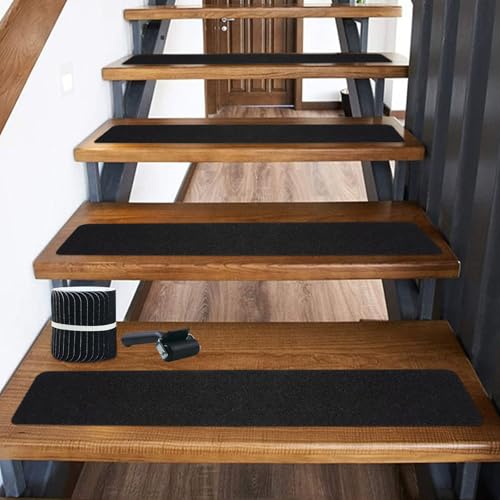 Polegas Treppenstufen Matten Antirutsch Treppe, 15 Stück - 81 x 15 cm Stufenmatten Selbstklebend, Stufenmatten Innen für Glatte Holz, Fliesen, Glas und Andere Stufen, Wasserfest, rutschfest, Schwarz von Polegas
