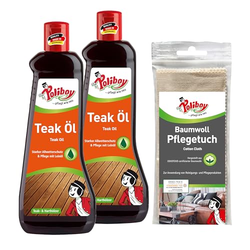 POLIBOY Teak Öl - Holzpflegeöl für dunkle Harthölzer - Holzschutz & Farbauffrischung - Ideal für Gartenmöbel - 2x 500ml - Mit Baumwolltuch - Made in Germany von Poliboy ... pflegt wie neu