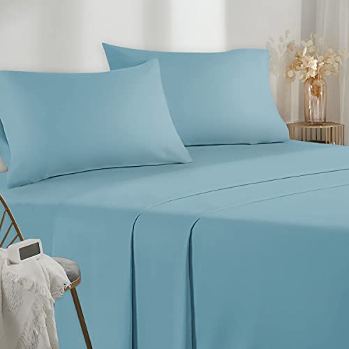 Bettwäsche für Einzelbett 90 – 3-teiliges Bettwäsche-Set aus Mikrofasern – Spannbettlaken – Oberlaken – 1 Kissenbezug 50 x 80 cm – Einzelbett 90 x 190/200 cm Hellblau von Poligino