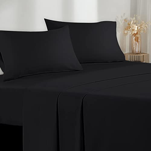 Bettwäsche für Doppelbett 160 – 4-teiliges Bettwäsche-Set aus Mikrofaser, Spannbettlaken – 2 Kissenbezüge 50 x 80 cm, Doppelbett 160 x 190/200 cm, Schwarz von Poligino