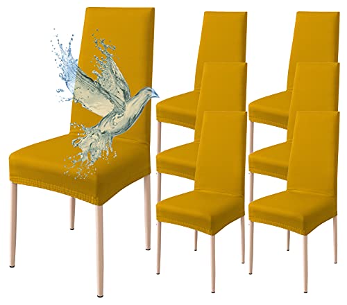 Poligino Stuhlhussen 6er Set Wasserdicht Stretch Universale Weich und Bequem, Stuhlbezug für Haus, Küche, Hochzeit, Restaurant, Party, Hotel, Zeremonie, Bankett - Gelb von Poligino