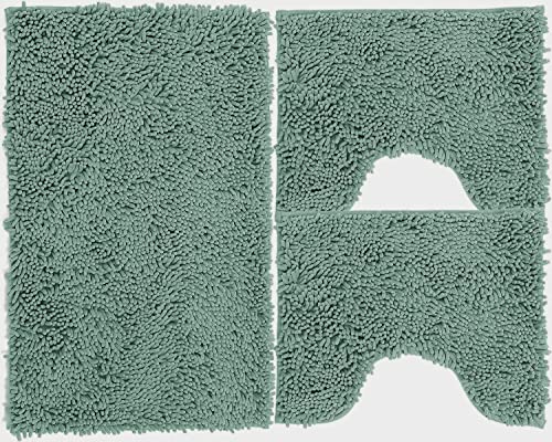 Poligono Badteppich-Set, 3-teilig, aus Mikrofaser, Langflorteppich 50 x 80 cm, 2 WC-Vorleger, rechteckig, 40 x 50 cm, weich, rutschfest, Aqua Grün von Poligono