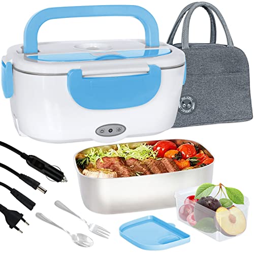 Poligono Elektrische Lunchbox Speisenwärmer 220V 12V, 1.5L Tragbare Elektrische Brotdose für Haushalt und Auto, Container aus Edelstahl 304, Blau von Poligono