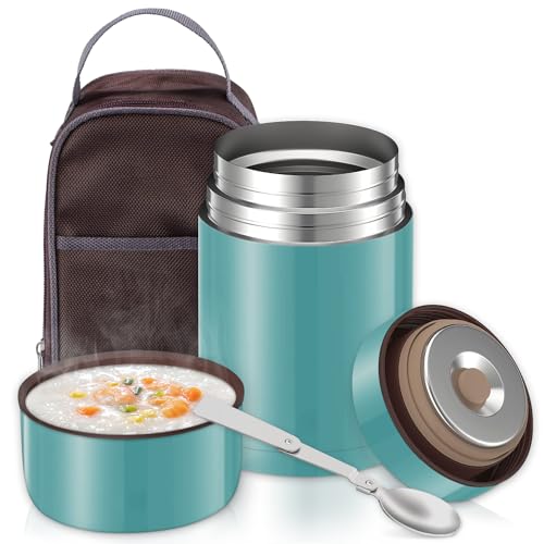Poligono Thermobehälter für Essen 800 ml, Thermobehälter aus Edelstahl mit Löffel und Tragetasche, Thermo Lunchbox für Suppe, Babybrei Warmhaltebox, Aquatisches Grün von Poligono