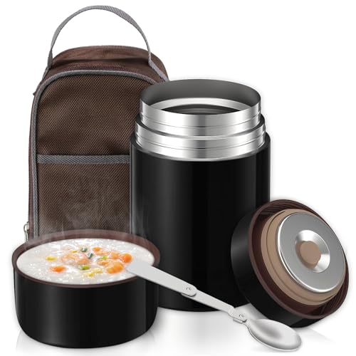 Poligono Thermobehälter für Essen 800 ml, Thermobehälter aus Edelstahl mit Löffel und Tragetasche, Thermo Lunchbox für Suppe, Babybrei Warmhaltebox, Schwarz von Poligono