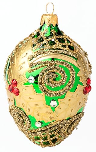 Polish Gallery Fabergé Egg Weihnachtsbaumschmuck aus geblasenem Glas, 12,7 cm, Grün glänzend mit goldenen Verzierungen, Mistelzweigblätter (10C) von Polish Gallery