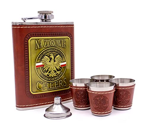 Polart Flachmann-Set, Edelstahl, Geschenkbox, Na Zdrowie – Cheers Republik of Polen (Rzeczpospolita Polska) Polierflasche und vier Schnapsgläser mit Trichter, Flachmann-Sets für Männer von Polish Souvenirs