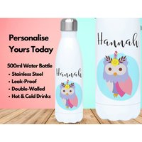 500Ml Wasserflasche Isolierflasche Edelstahl, Heiß & Kalt Gym Flakon, Name, Boho Eule Geschenke, Geschenke Für Eulenliebhaber von PollyannaPoops