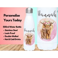 Personalisierte Wasserflasche Vakuum Isoliert Edelstahl 500Ml, Heiße & Kalte Turnflasche, Name, Highland Kuh Geschenke, Geschenke Für Kuhliebhaber von PollyannaPoops