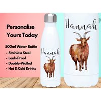 Personalisierte Wasserflasche Vakuum Isoliert Edelstahl 500Ml, Hot & Cold Gym Flasche, Name, Aquarell Ziegen Geschenke, Geschenke Für Ziegenliebhaber von PollyannaPoops