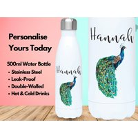 Personalisierte Wasserflasche Vakuum Isoliert Edelstahl 500Ml, Hot & Cold Gym Flasche, Name, Pfau Geschenke, Geschenke Für Liebhaber, Vogel von PollyannaPoops