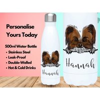 Personalisierte Wasserflasche Vakuum Isoliert Edelstahl 500Ml, Turnflasche, Name, Papillon Geschenke, Liebhaber, Hunde Geschenk von PollyannaPoops