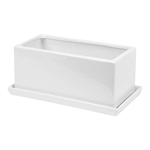 Polnix Keramik Übertopf m. Untersetzer Trog Blumentopf H 14 cm rechteckig Weiss glatt Ablauf von Polnix