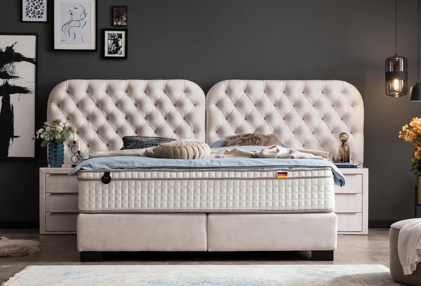 Polsterei Marya Boxspringbett BERLIN, LUXURY Chesterfield box spring bett schlafzimmer wahlweise mit Matratze & Topper inkl. 2x Kommoden und ohne Bettkasten von Polsterei Marya