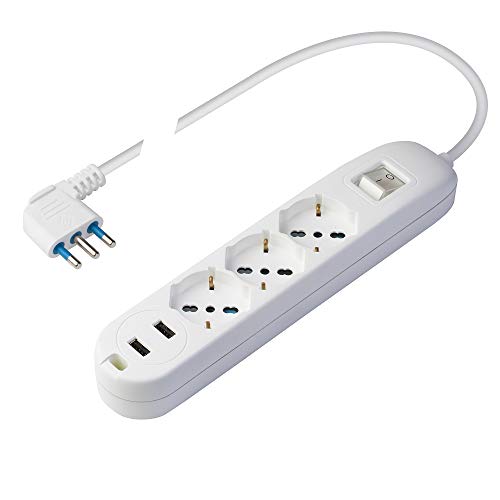 POLY POOL - PP2526 Mehrfachsteckdosenleiste Smart - 3 Steckdosen Schuko Multistandard - 2 Steckdosen USB 2.4A zum Aufladen - Platzsparender Stecker - Steckdosenleiste mit Schalter mit 1,5m Kabel von Poly Pool