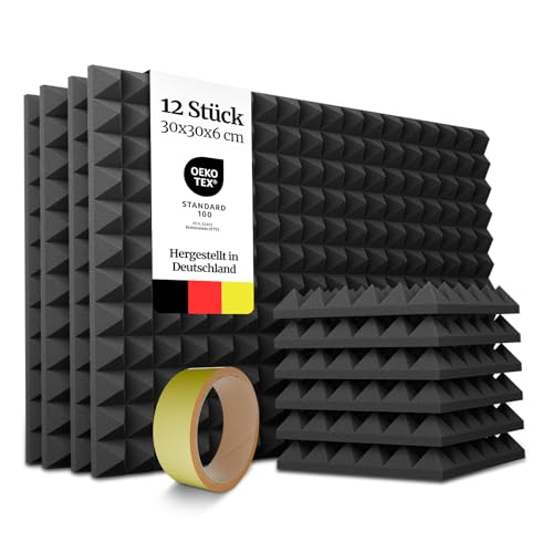 PolySound Pyramidenschaumstoff Akustikpaneele - 12 Stück 30x30x6cm, Akustikplatten mit Kleberolle zur einfachen Befestigung, Schallabsorber in Schwarz von PolySound