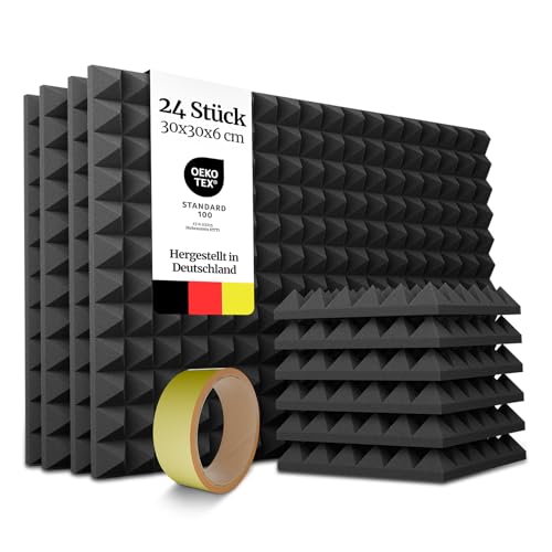 PolySound Pyramidenschaumstoff Akustikpaneele - 24 Stück 30x30x6cm, Akustikplatten mit Kleberolle zur einfachen Befestigung, Schallabsorber in Schwarz von PolySound