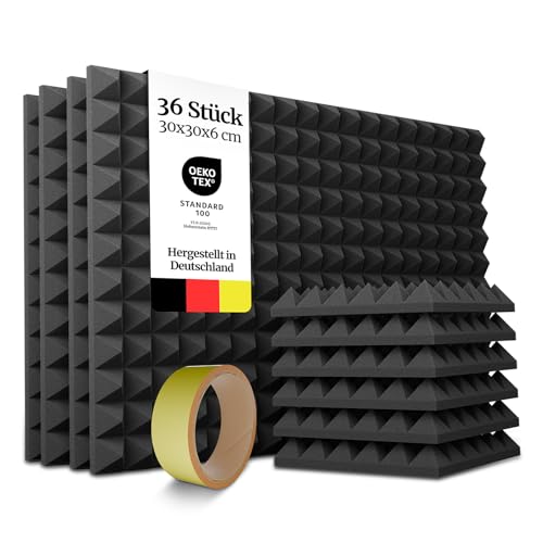 PolySound Pyramidenschaumstoff Akustikpaneele - 36 Stück 30x30x6cm, Akustikplatten mit Kleberolle zur einfachen Befestigung, Schallabsorber in Schwarz von PolySound